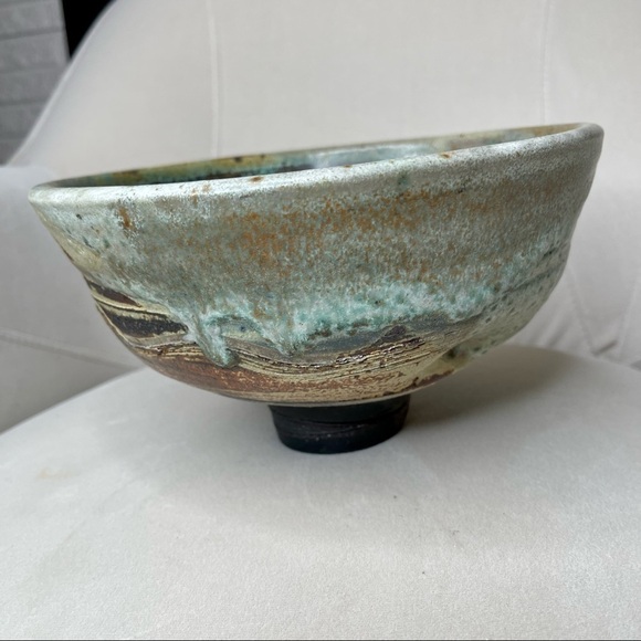 Large Raku Bowl Studio Art Pottery Swirl Stoneware Unique Art Decor MCM - Picture 2 of 6